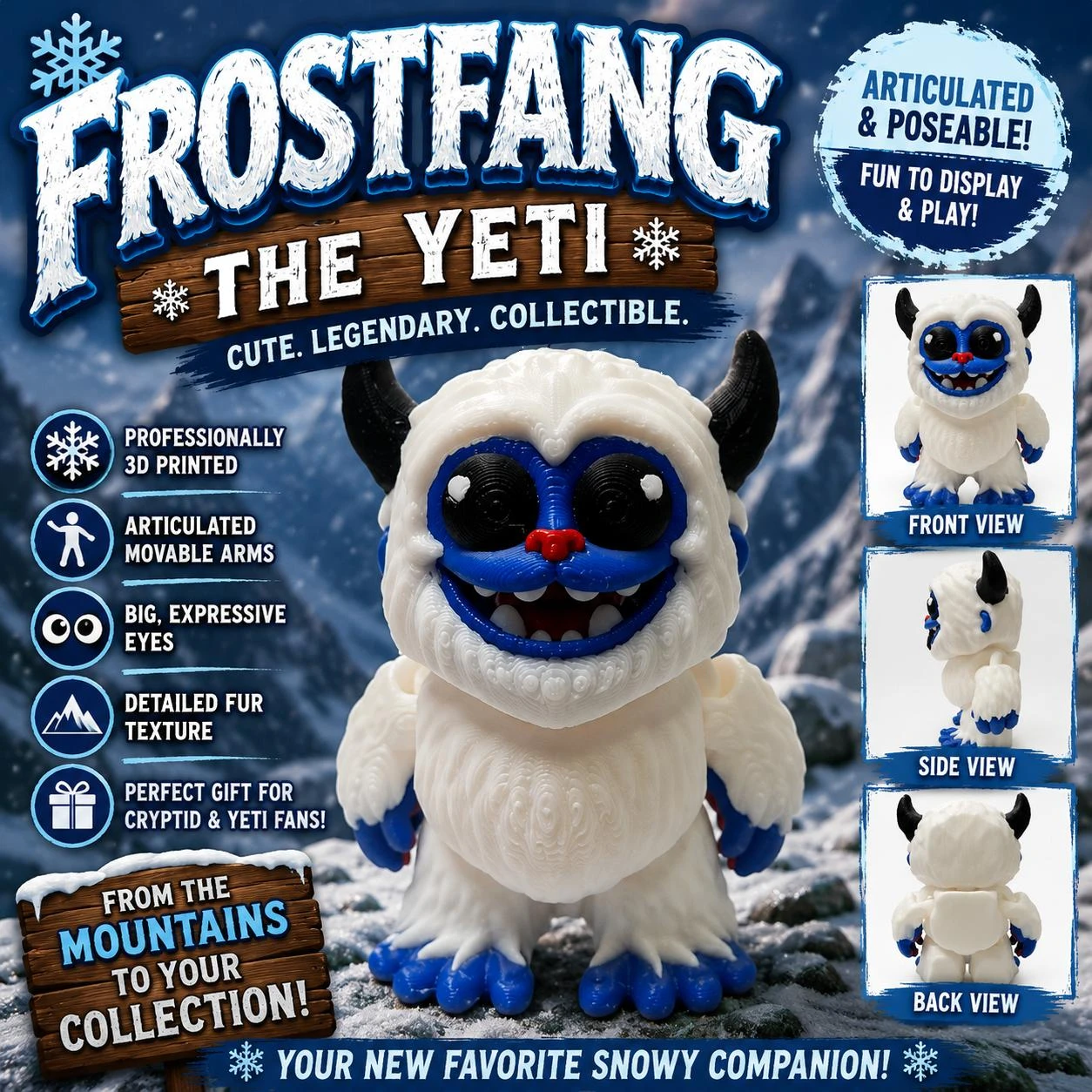 Frostfang Yeti Articulated Snow Monster Figure 3D Printed Cryptid